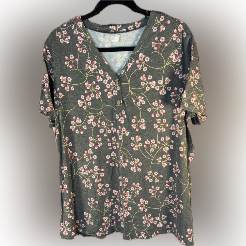 Floral Button Down Shirt - Gray and Pink